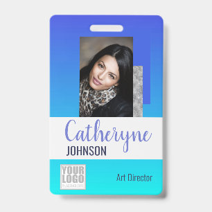 Bright Aqua Blue Ombre Logo Barcode ID Template Badge