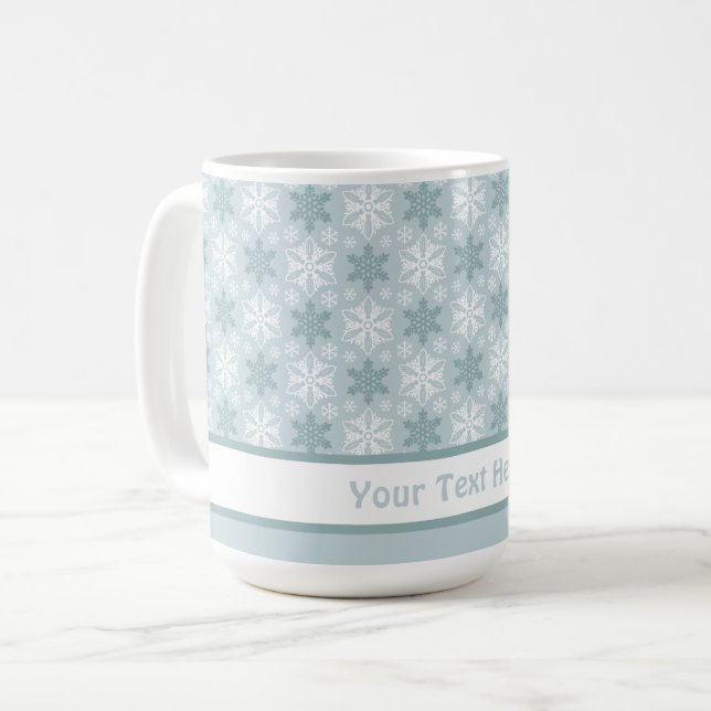 Bright Aqua Blue Teal White Snowflake Pattern Coffee Mug (Front Left)