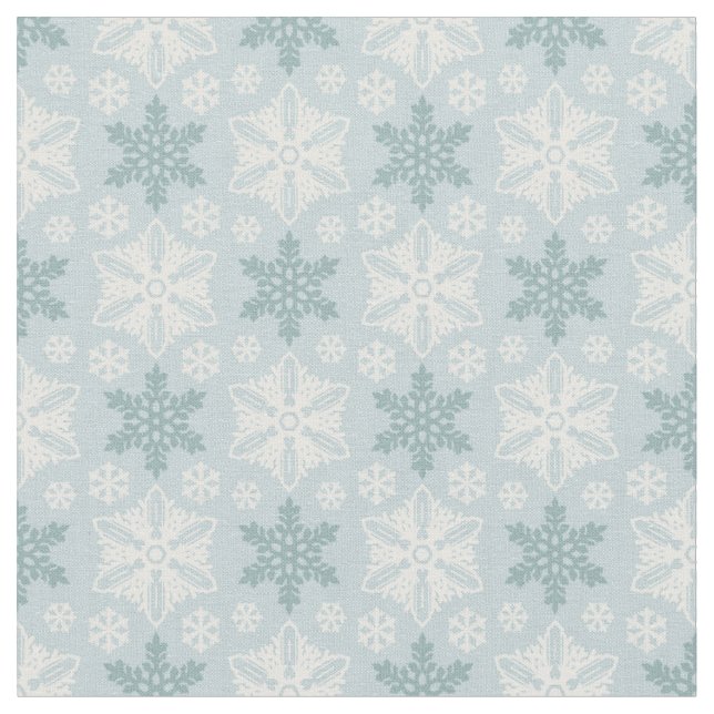 Bright Aqua Blue Teal White Snowflake Pattern Fabric (Close Up)