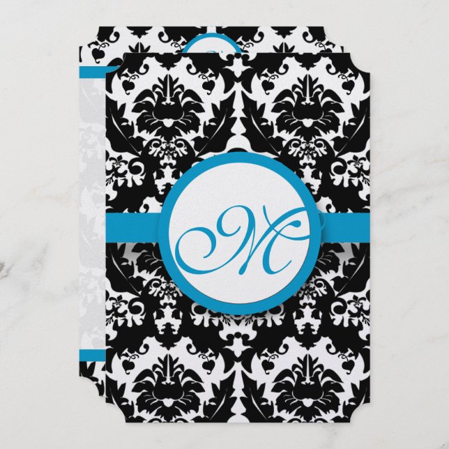 Bright Aqua Damask Heart Swirls Wedding Invitation (Front/Back)