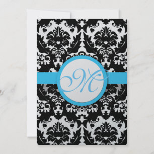 Bright Aqua Damask Heart Swirls Wedding Invitation