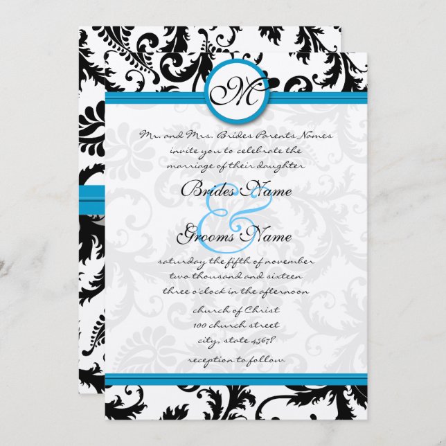 Bright Aqua Damask Swirls Wedding Invitation 5 x 7 (Front/Back)
