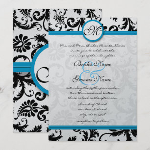 Bright Aqua Damask Swirls Wedding Invitation 5 x 7