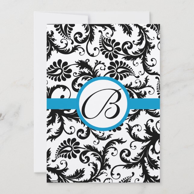 Bright Aqua Damask Swirls Wedding Invitation 5 x 7 (Back)