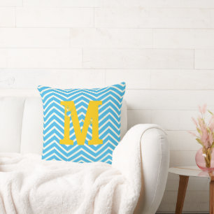 Bright Aqua Ivory and Grey Monogram Zig Zag Cushion