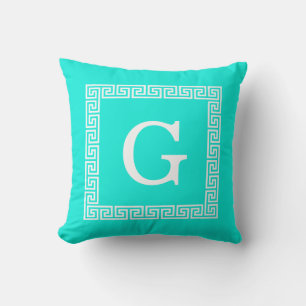 Bright Aqua White Greek Key #1 Framed Monogram Cushion