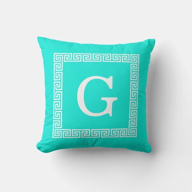 Bright Aqua White Greek Key #1 Framed Monogram Cushion (Front)