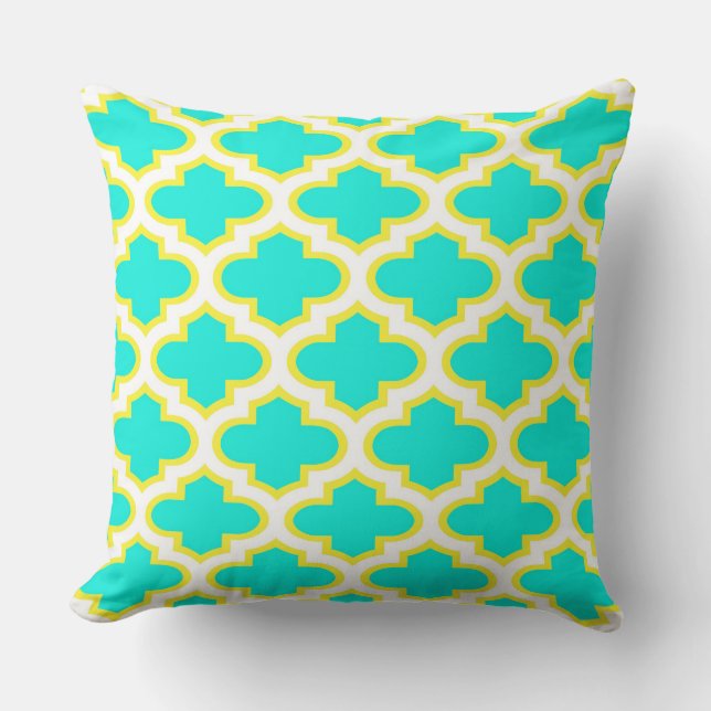 Bright Aqua, Yellow, White Quatrefoil Pattern #3 Cushion (Front)