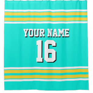 Bright Aqua Yellow White Stripes Sports Jersey Shower Curtain