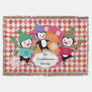 Bright Argyle Skating Penguins Holiday Throw Blanket