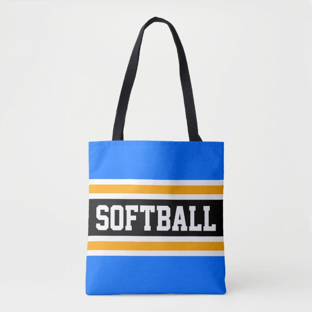 Bright Athletic Blue Black Yellow SOFTBALL Stripes Tote Bag (Front)
