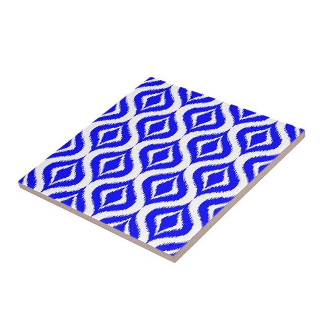 Bright Azure Blue Retro Chic Ikat Drops Pattern Ceramic Tile (Side)