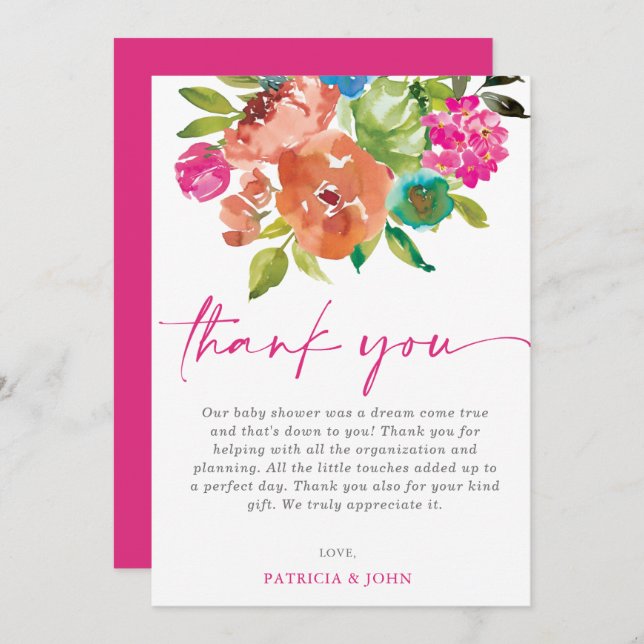 Bright Baby in Bloom Pink Floral Girl Baby Shower Thank You Card (Front/Back)