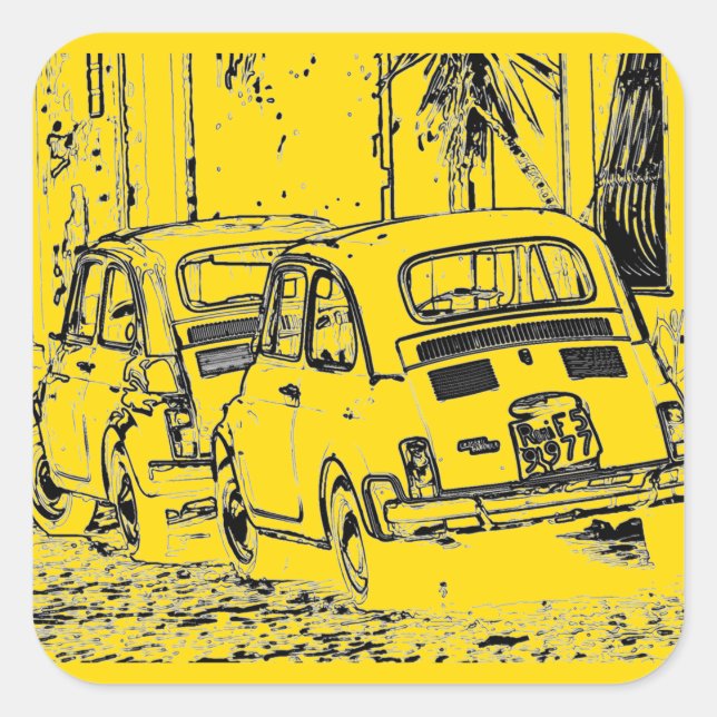 bright banana yellow urban comic cartoon car square sticker (Front)