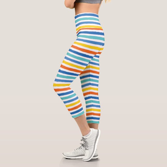 Bright Beachy Striped Pattern Capri Leggings (Left)