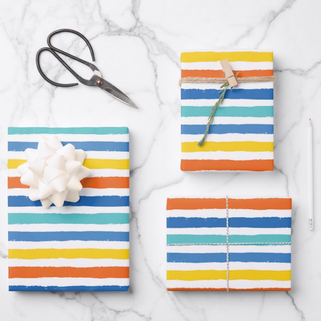Bright Beachy Striped Pattern Wrapping Paper Sheet (Front)