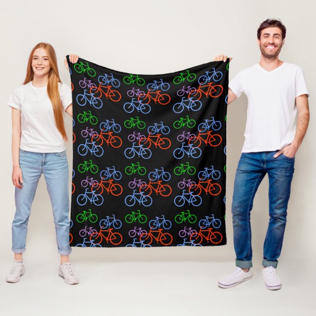 Bright Bicycles Pattern on Black Fleece Blanket (In Situ)