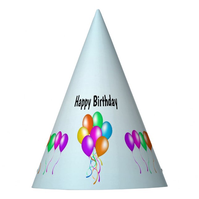 Bright Birthday Balloons Various Colours on blue Party Hat (Front)