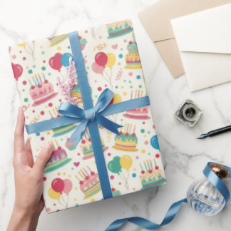 Bright Birthday Cakes and Balloons Wrapping Paper