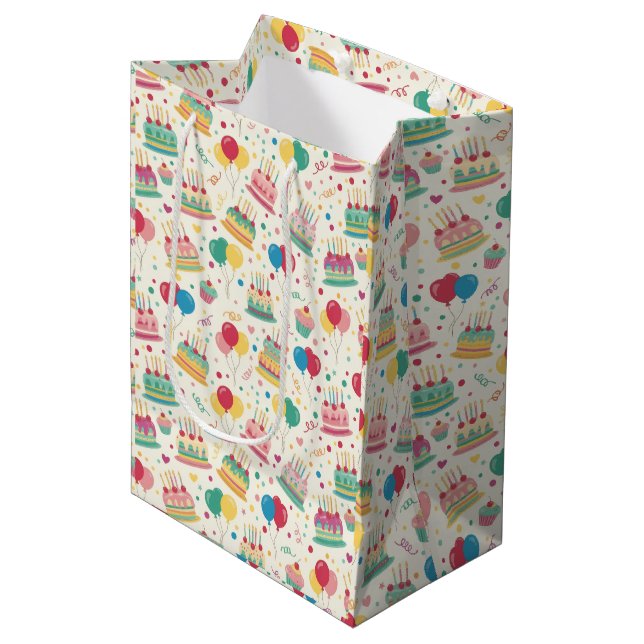 Bright Birthday Cakes and Balloons Wrapping Paper Medium Gift Bag (Front Angled)