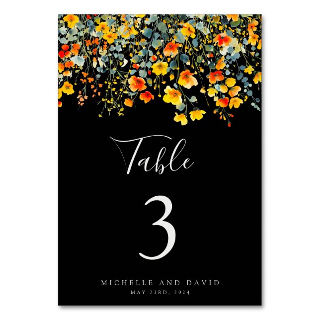 Bright Black Floral Wedding Table Number (Front)