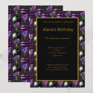 BRIGHT BLACK PURPLE BALLOON ALL OCASSION INVITATION