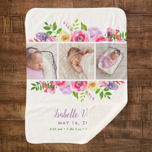 Bright Blooms 3 Photo Baby Name Sherpa Blanket