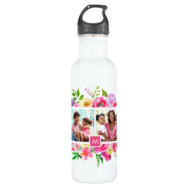 Bright Blooms 4 Photo Collage Monogrammed 710 Ml Water Bottle (Front)