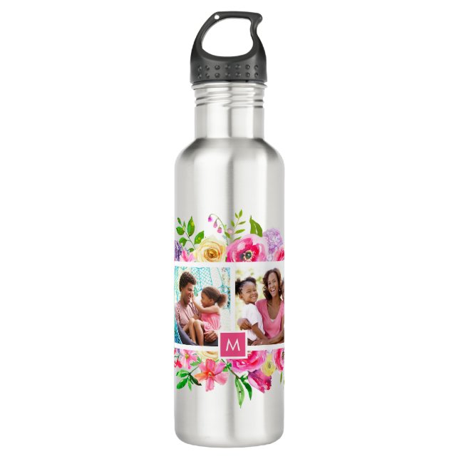 Bright Blooms 4 Photo Collage Monogrammed 710 Ml Water Bottle (Front)