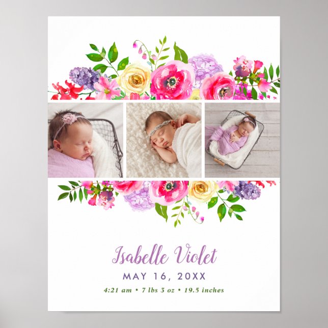 Bright Blooms Baby Girl Birth Stat Photo Poster (Front)