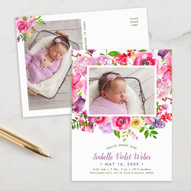 Bright Blooms Photo Birth Announcement Postcard (Creator Uploaded)