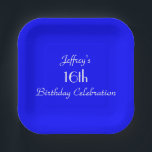 Bright Blue, 16th Birthday Party, Name, Square Paper Plate<br><div class="desc">A solid bright blue background decorates this minimalist, unique and fun party paper plate. Although default says "16th Birthday", you can easily change the text for name, # of years, and event. Choose square or round. Matching tablecloth and paper napkins available on zazzle at SocolikCardShop. Simple, minimalist design. All Rights...</div>