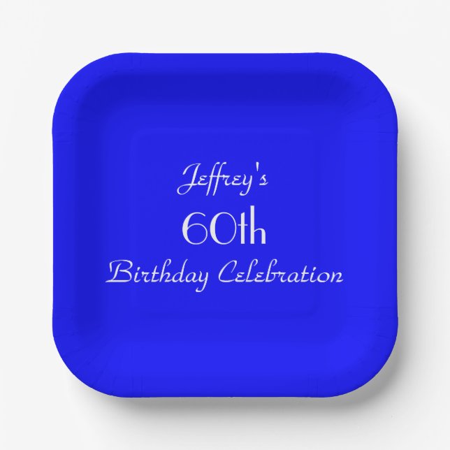 Bright Blue, 60th Birthday Party Simple Square Paper Plate (Front)