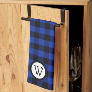 Bright Blue and Black  Buffalo Plaid with Monogram Tea Towel