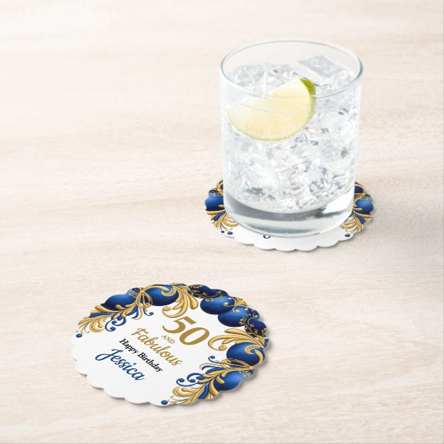 Bright Blue and Flat Gold Birthday Party Paper Coaster (Insitu)