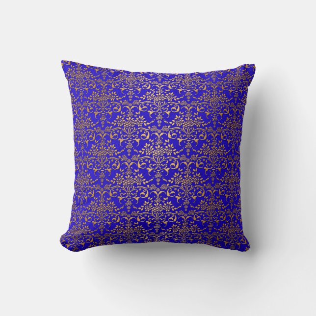 Bright Blue and Gold Fancy Damask Pattern Cushion (Front)