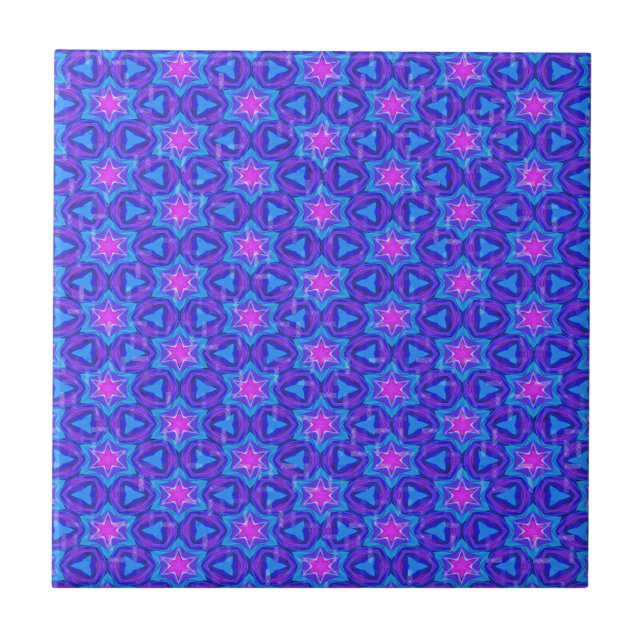Bright blue and hot pink colourful pattern ceramic tile (Front)