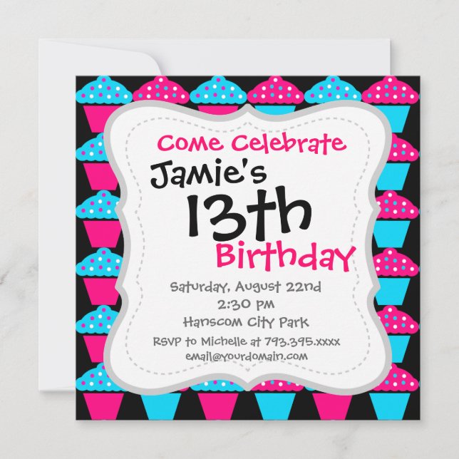 Bright Blue and Hot Pink Cupcake Pattern Invitation (Front)