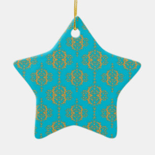 Bright Blue and Peach Damask Pattern Ceramic Tree Decoration