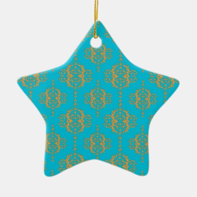 Bright Blue and Peach Damask Pattern Ceramic Tree Decoration (Front)