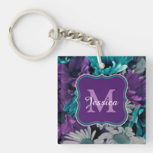 Bright Blue and Purple Flowers Personalised Key Ring