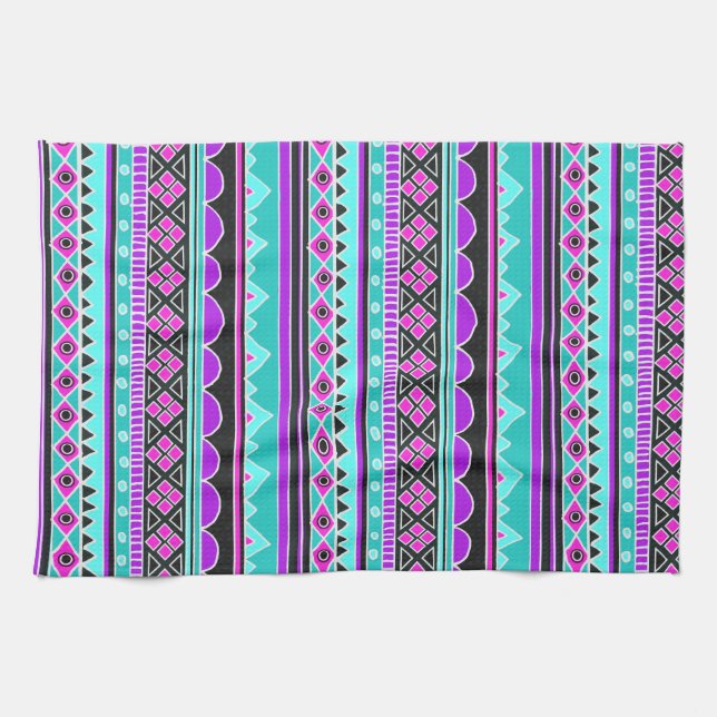 Bright Blue and purple tribal pattern Tea Towel (Horizontal)