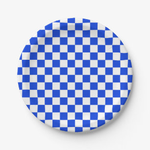 Bright Blue and White Chequerboard Check Pattern Paper Plate