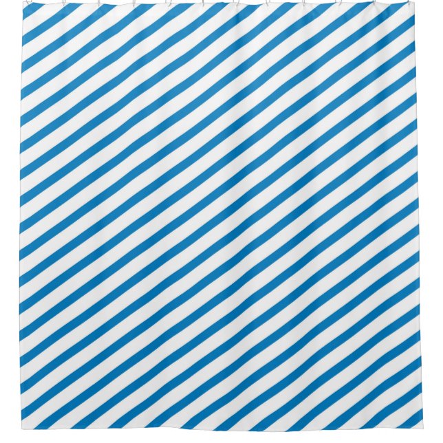Bright Blue and White Diagonal Stripes Modern Shower Curtain (Front)