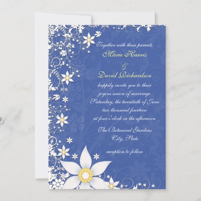 Bright Blue and White Floral Wedding Invitations (Front)