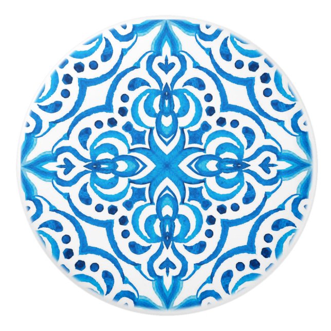 Bright Blue and White Moroccan  Ceramic Knob (Front)