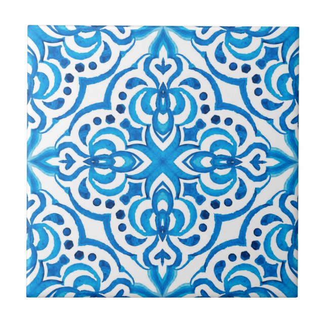 Bright Blue and White Moroccan  Ceramic Tile (Front)