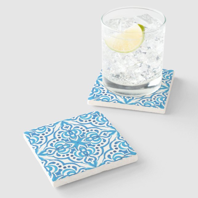 Bright Blue and White Moroccan  Stone Coaster (Side)