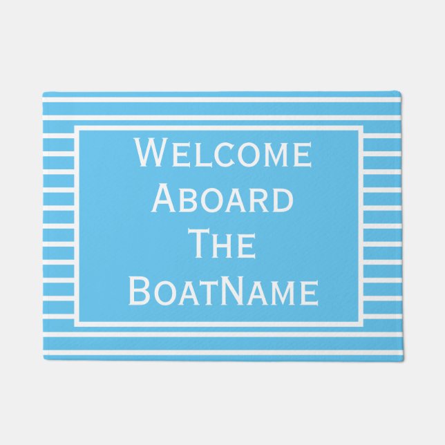 Bright Blue and White Welcome Aboard Boat Doormat (Front)