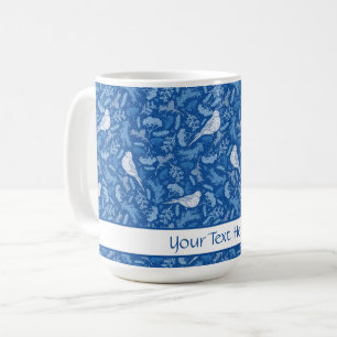Bright Blue and Winter White Birds Floral Pattern Coffee Mug